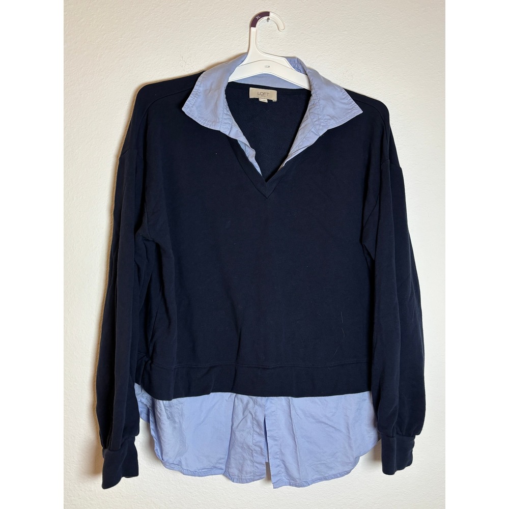 Loft Outlet Navy Blue Layered Look Collared Sweatshirt 2-in-1 Top Large